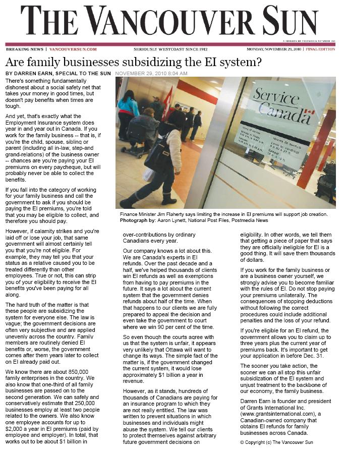 Vancouver Sun Article about family businesses subsidising the EI system