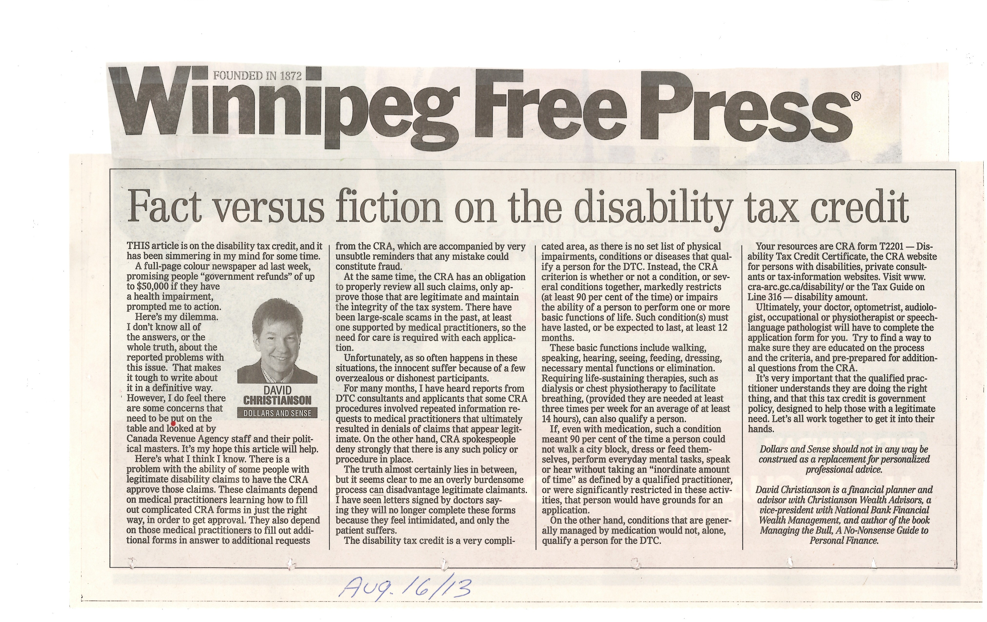 Winnipeg Free Press Article about Disability Tax Credits and their complexity