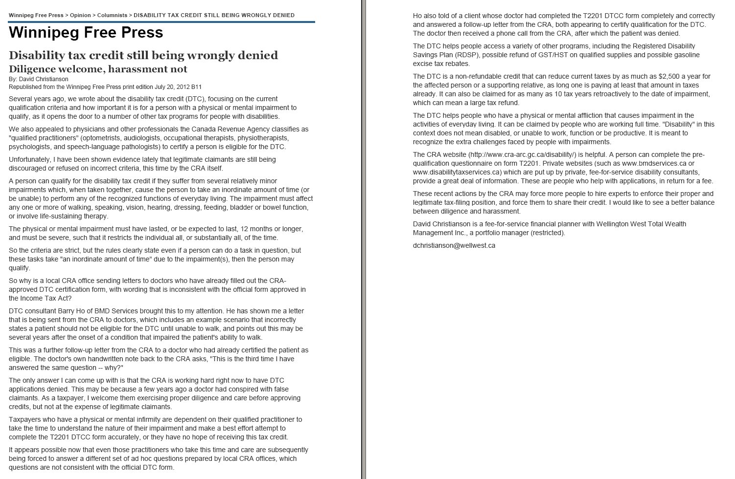 Winnipeg Free Press Article about Disability Tax Credits and peolple getting wrongly denied